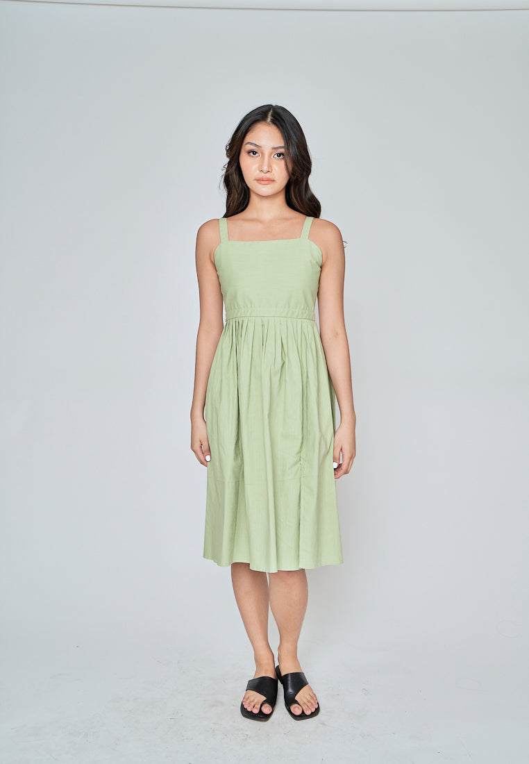 Yoshie Sage Sleeveless Zipper Back Pleated Side Slit Midi Dress