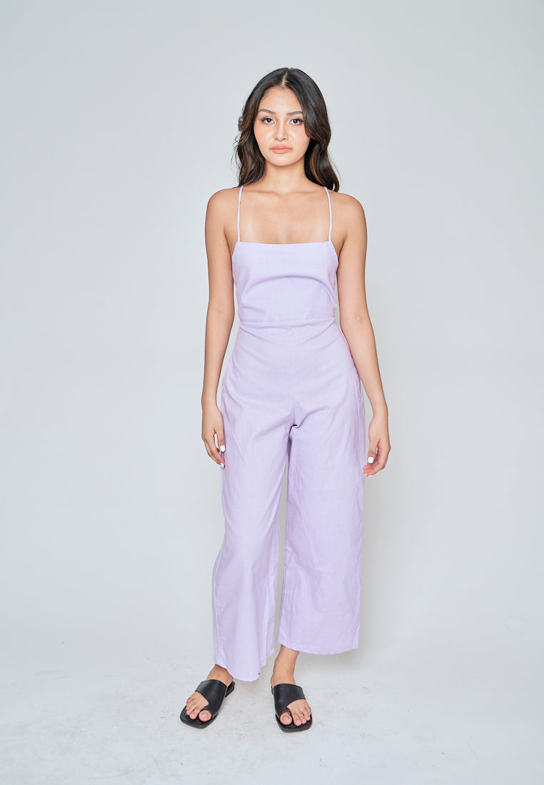 Rafaela Purple Linen Sleeveless Criss Cross Zipper Back Jumpsuit