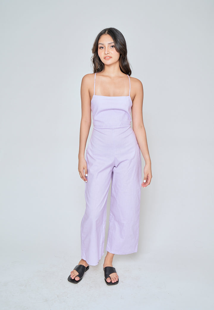 Rafaela Purple Linen Sleeveless Criss Cross Zipper Back Jumpsuit