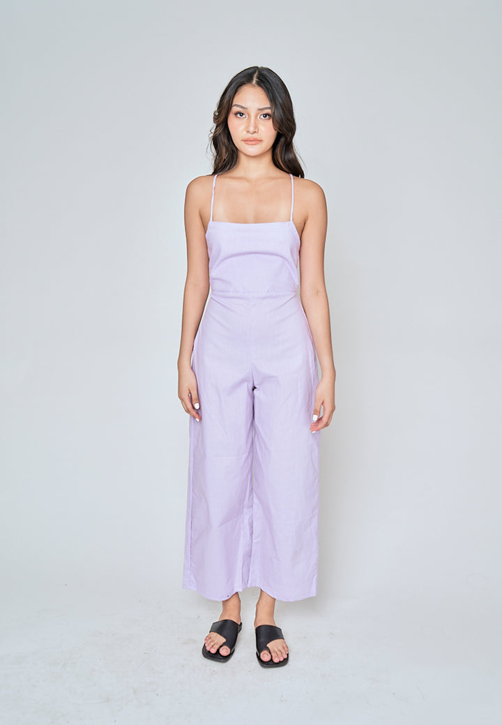 Rafaela Purple Linen Sleeveless Criss Cross Zipper Back Jumpsuit