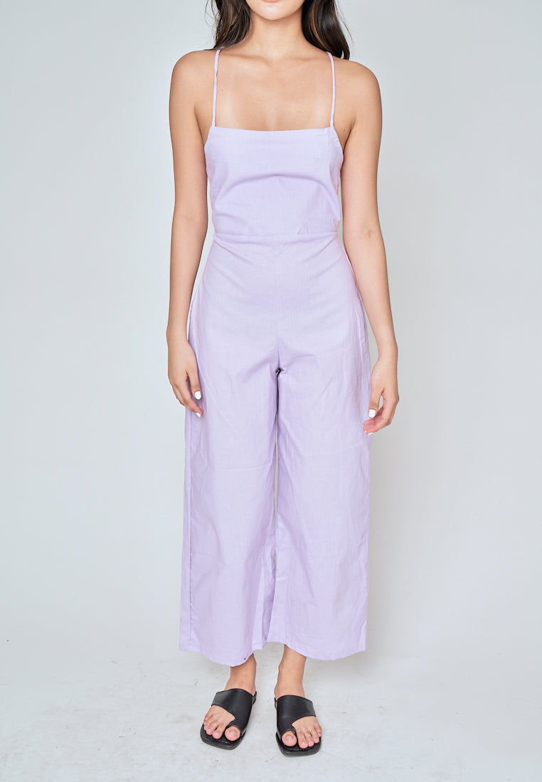 Rafaela Purple Linen Sleeveless Criss Cross Zipper Back Jumpsuit