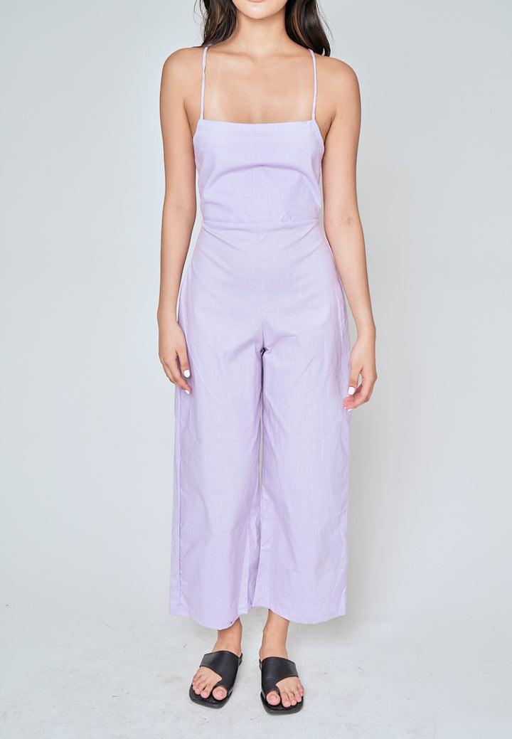 Rafaela Purple Linen Sleeveless Criss Cross Zipper Back Jumpsuit