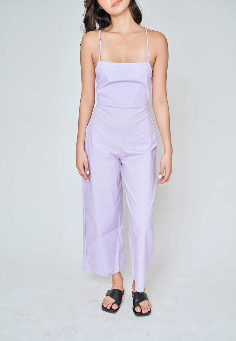 Rafaela Purple Linen Sleeveless Criss Cross Zipper Back Jumpsuit