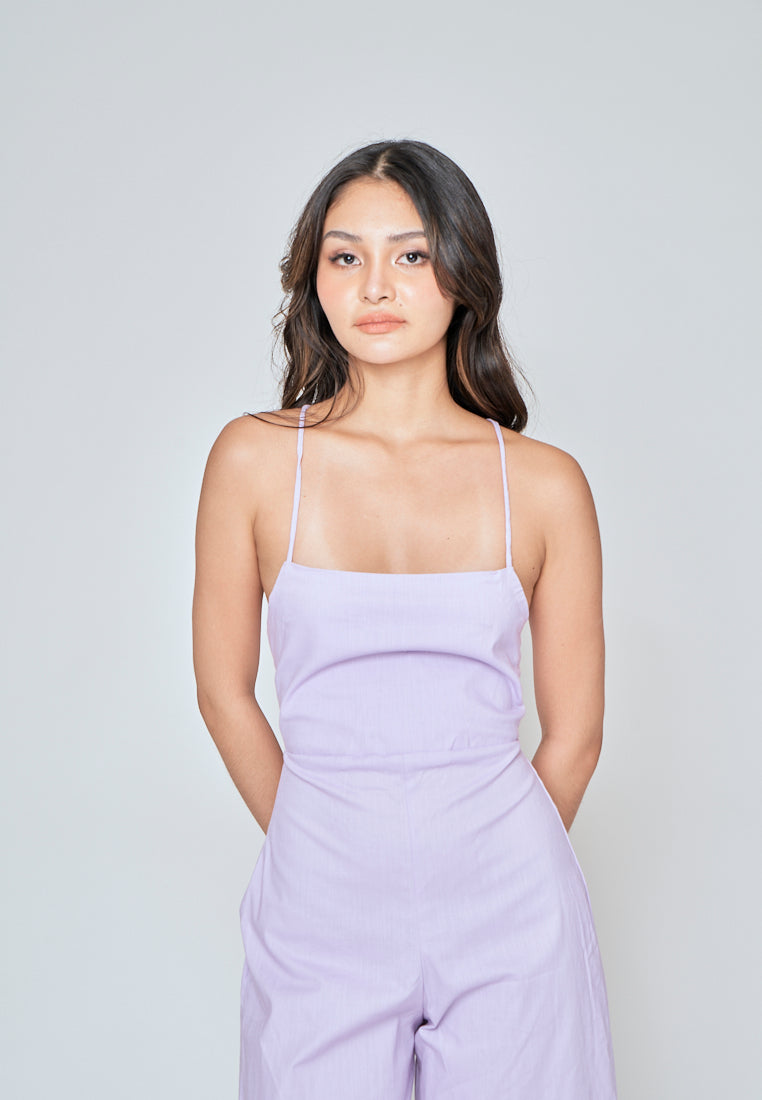 Rafaela Purple Linen Sleeveless Criss Cross Zipper Back Jumpsuit