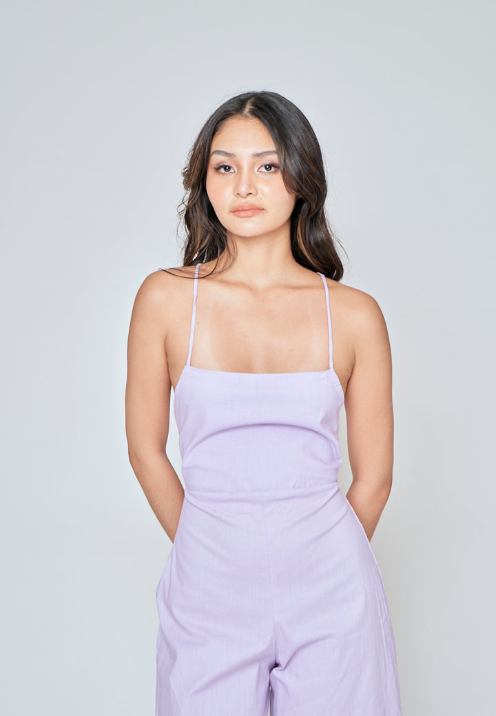 Rafaela Purple Linen Sleeveless Criss Cross Zipper Back Jumpsuit