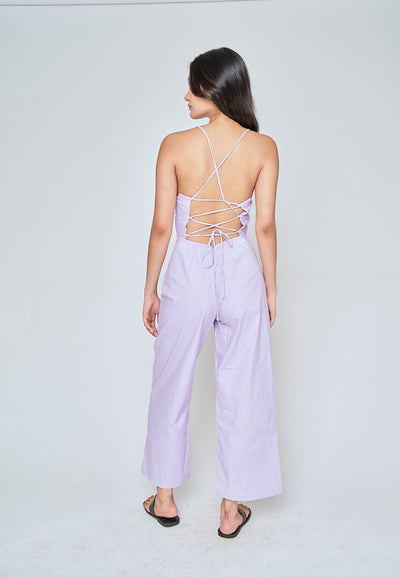 Rafaela Purple Linen Sleeveless Criss Cross Zipper Back Jumpsuit