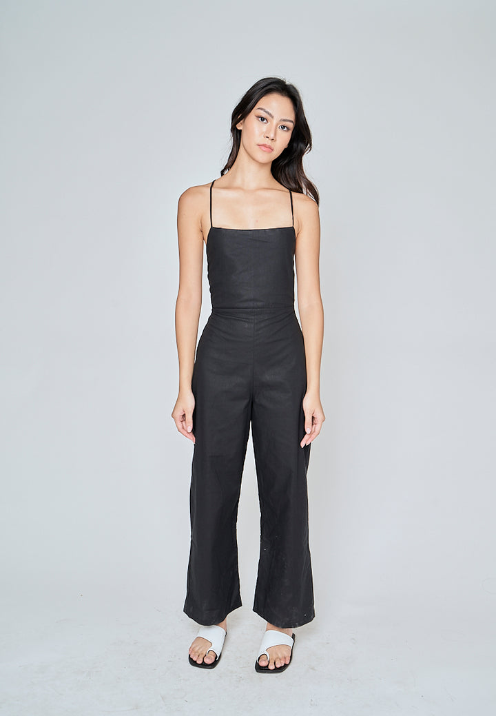 Rafaela Black Linen Sleeveless Criss Cross Zipper Back Jumpsuit