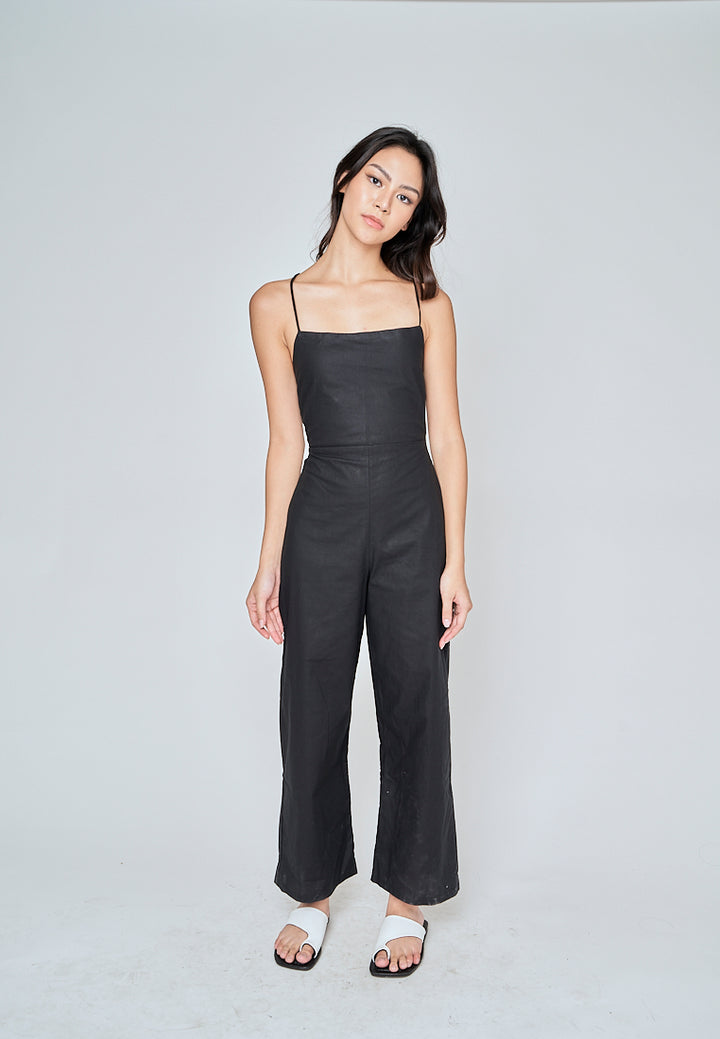 Rafaela Black Linen Sleeveless Criss Cross Zipper Back Jumpsuit