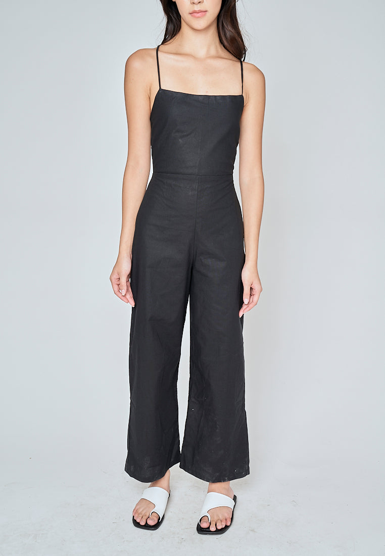 Rafaela Black Linen Sleeveless Criss Cross Zipper Back Jumpsuit