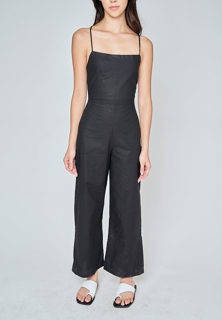 Rafaela Black Linen Sleeveless Criss Cross Zipper Back Jumpsuit