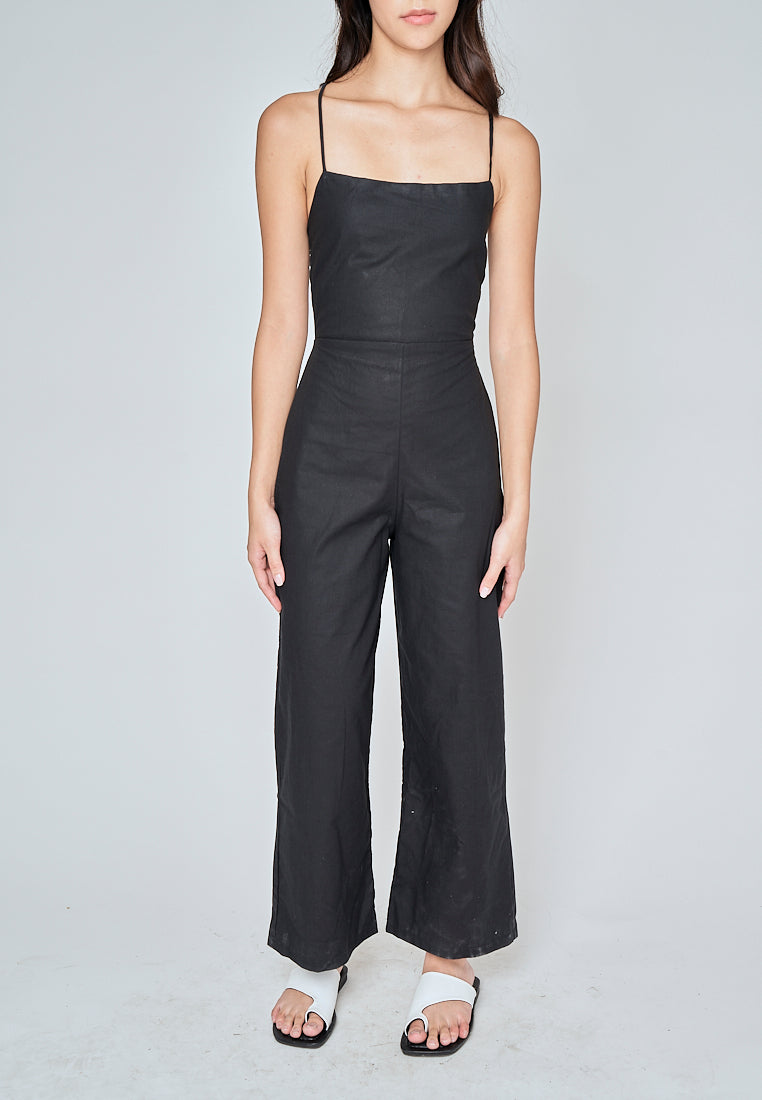Rafaela Black Linen Sleeveless Criss Cross Zipper Back Jumpsuit