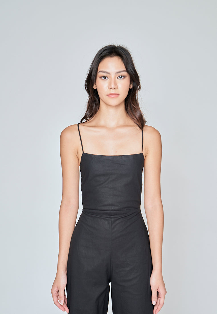 Rafaela Black Linen Sleeveless Criss Cross Zipper Back Jumpsuit