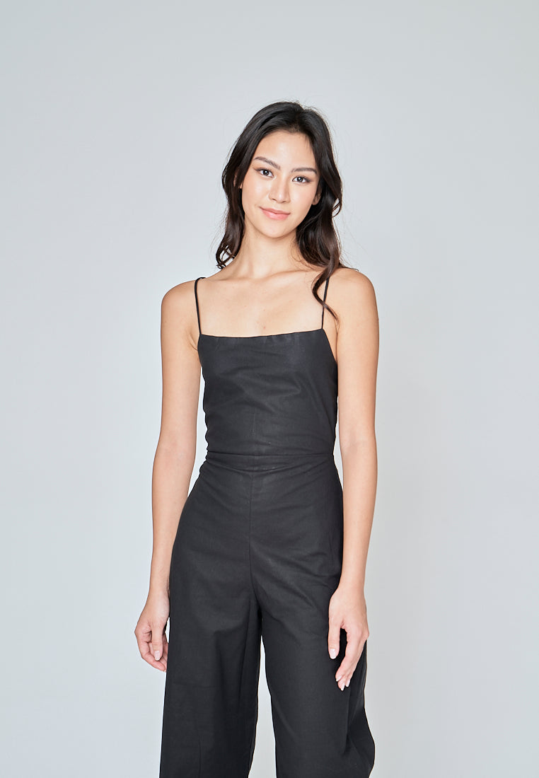 Rafaela Black Linen Sleeveless Criss Cross Zipper Back Jumpsuit