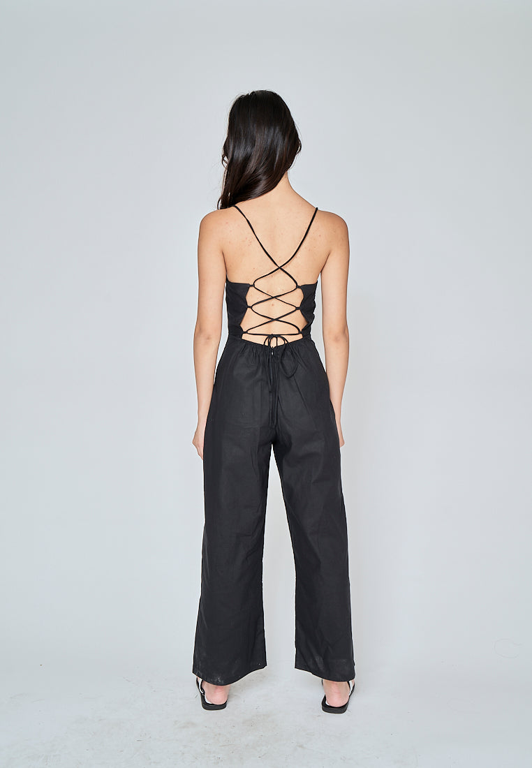 Rafaela Black Linen Sleeveless Criss Cross Zipper Back Jumpsuit
