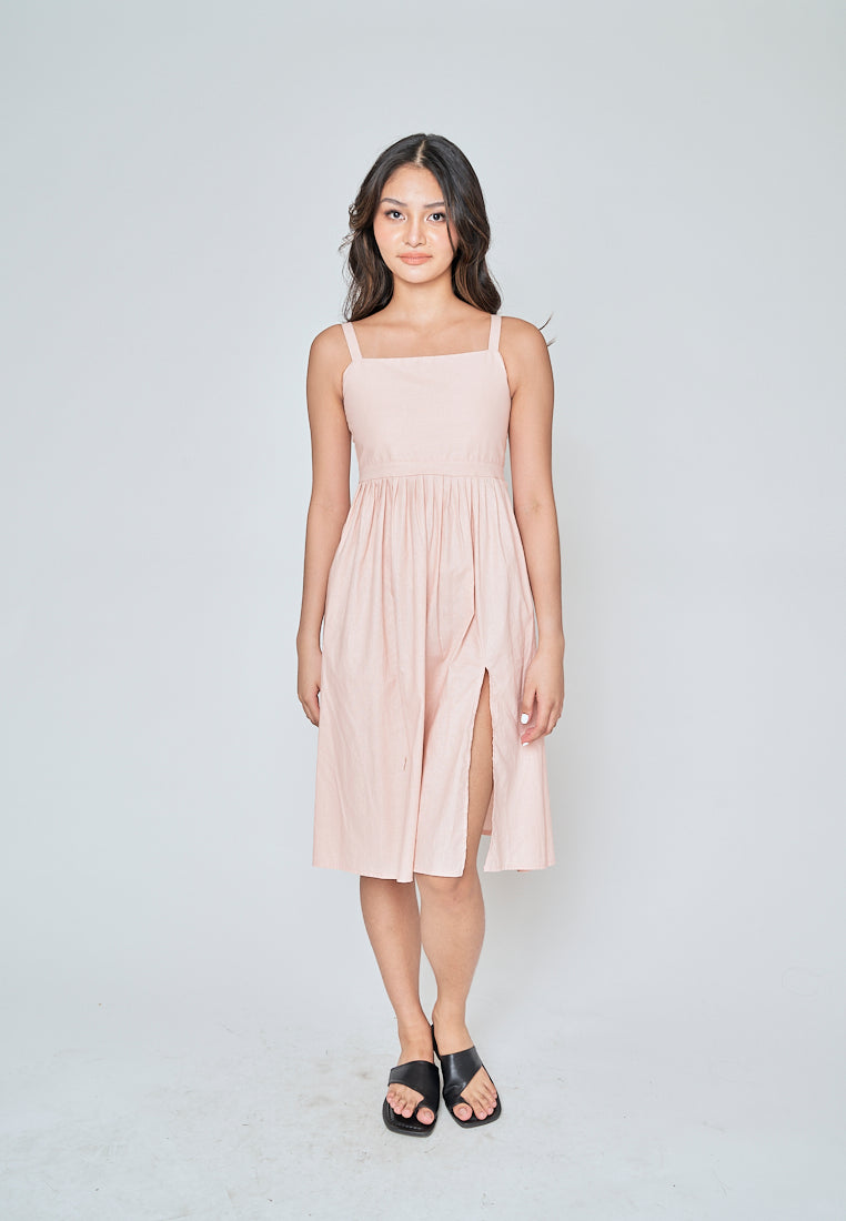 Yoshie Pink Sleeveless Zipper Back Pleated Side Slit Midi Dress