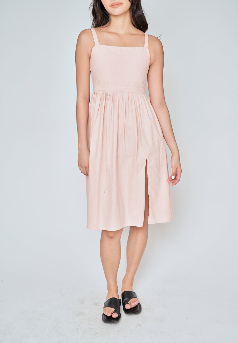 Yoshie Pink Sleeveless Zipper Back Pleated Side Slit Midi Dress