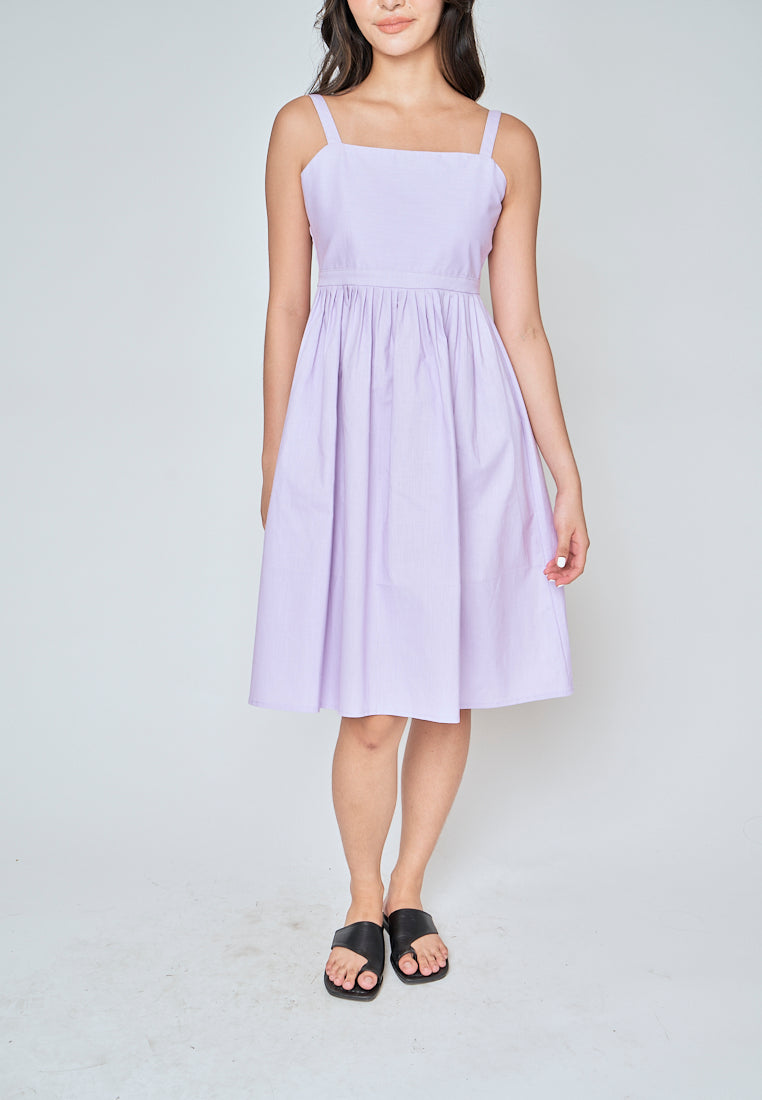 Yoshie Purple Sleeveless Zipper Back Pleated Side Slit Midi Dress