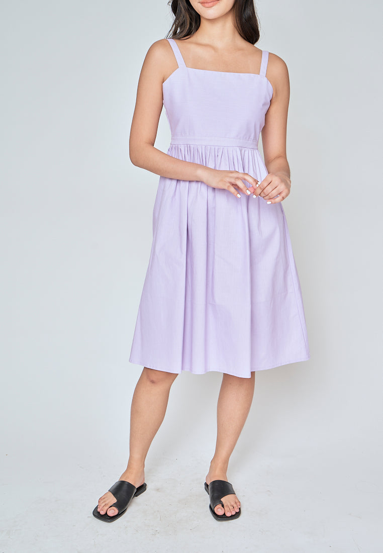 Yoshie Purple Sleeveless Zipper Back Pleated Side Slit Midi Dress