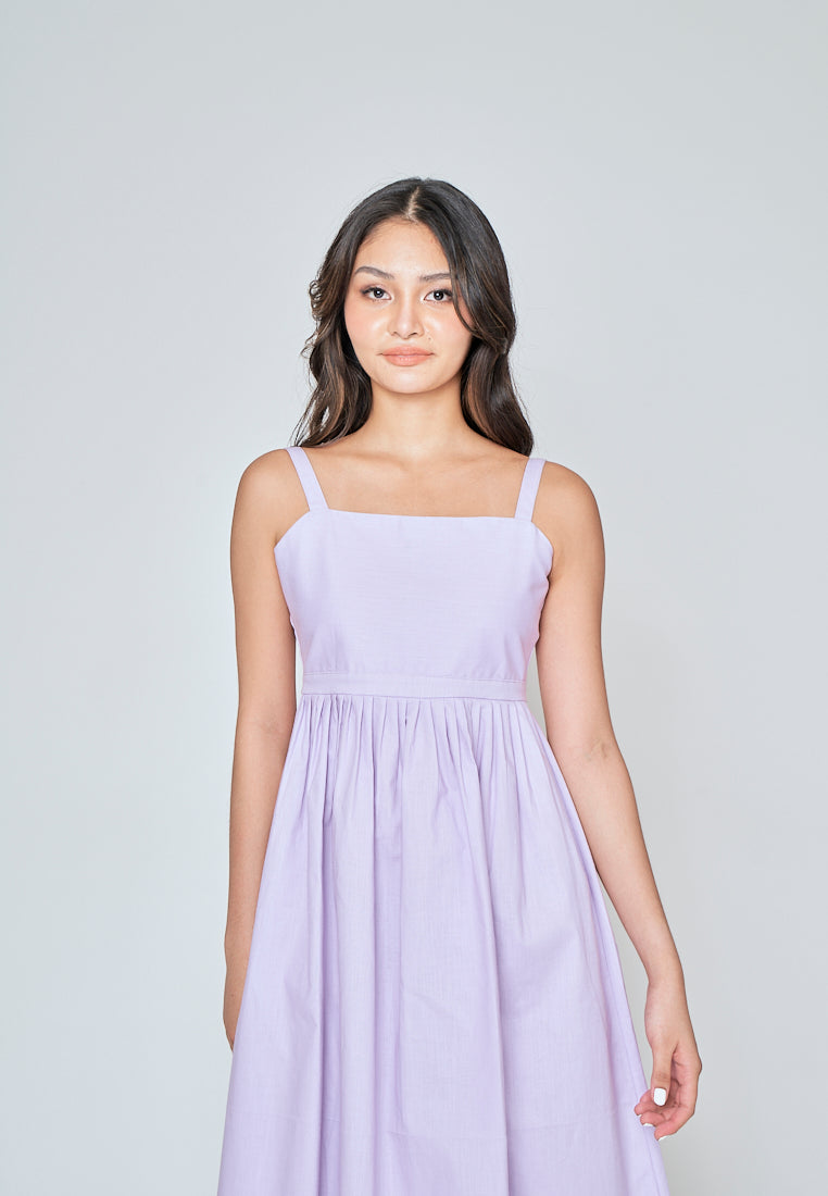 Yoshie Purple Sleeveless Zipper Back Pleated Side Slit Midi Dress