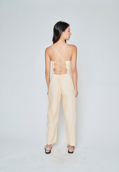 Rafaela Beige Linen Sleeveless Criss Cross Zipper Back Jumpsuit