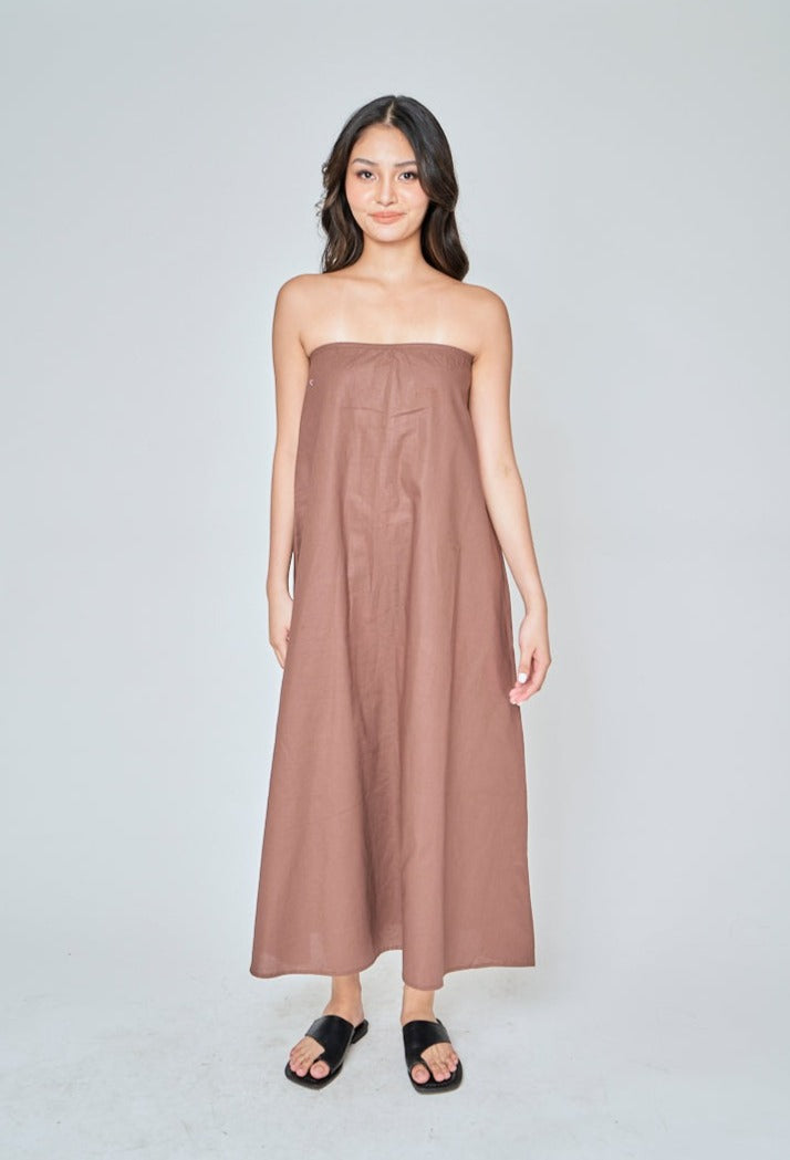 Muska Brown Linen Elastic Neckline Tent Tube Midi Dress