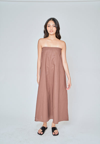 Muska Brown Linen Elastic Neckline Tent Tube Midi Dress