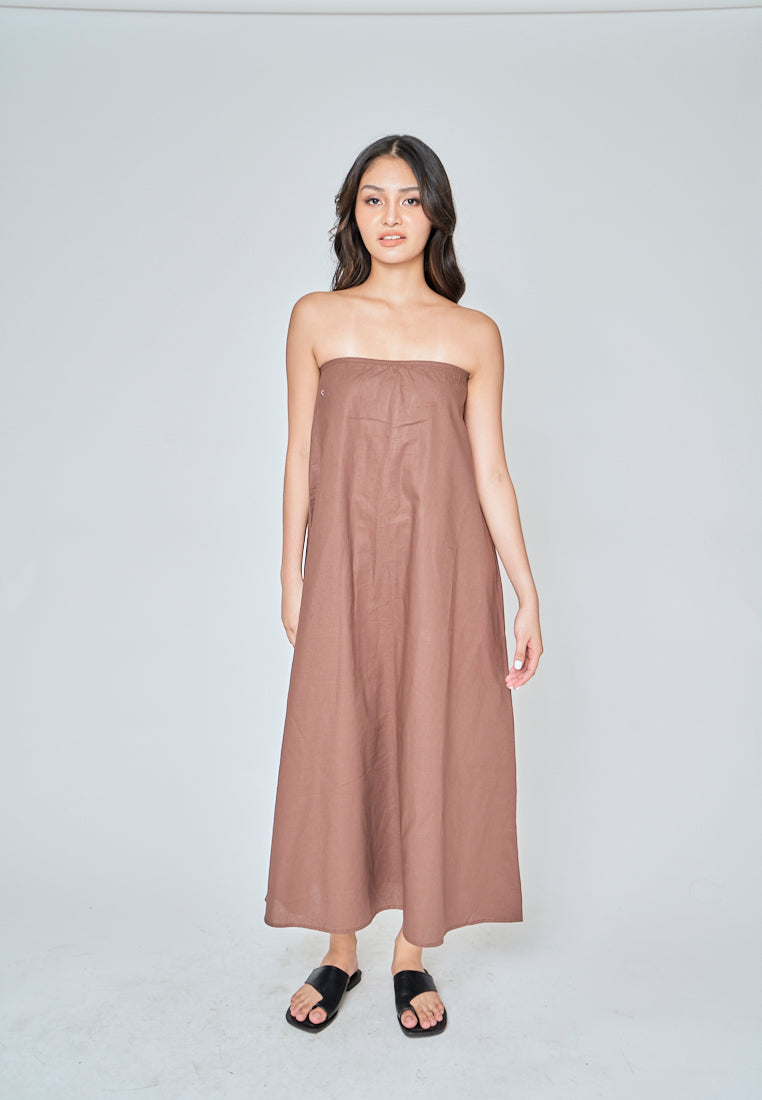 Muska Brown Linen Elastic Neckline Tent Tube Midi Dress