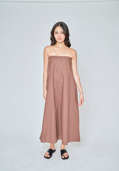 Muska Brown Linen Elastic Neckline Tent Tube Midi Dress