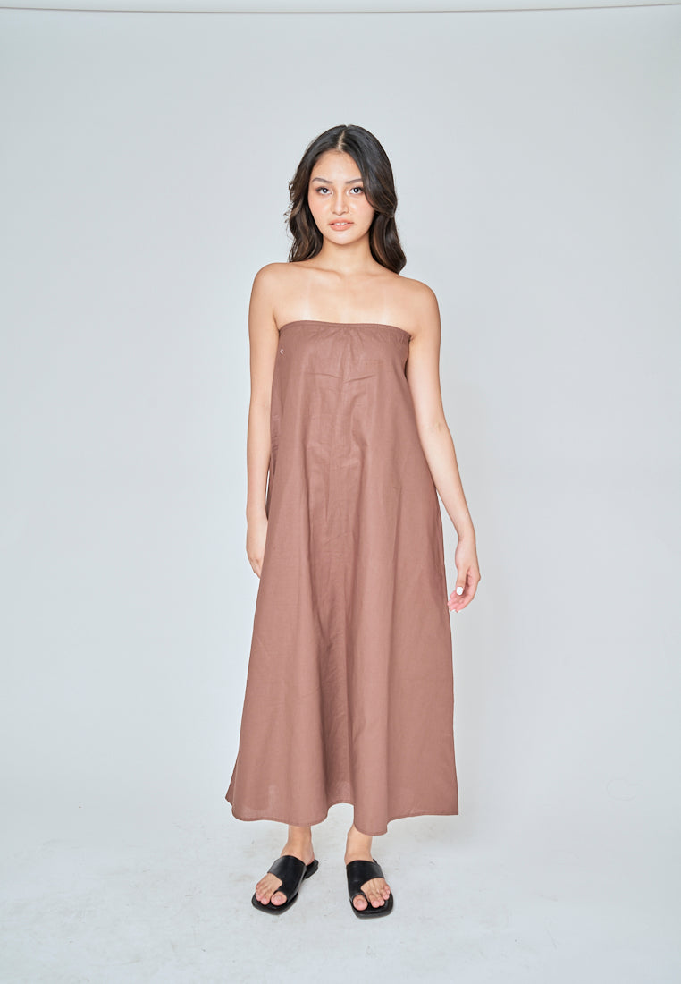 Muska Brown Linen Elastic Neckline Tent Tube Midi Dress