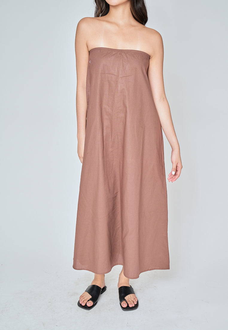 Muska Brown Linen Elastic Neckline Tent Tube Midi Dress