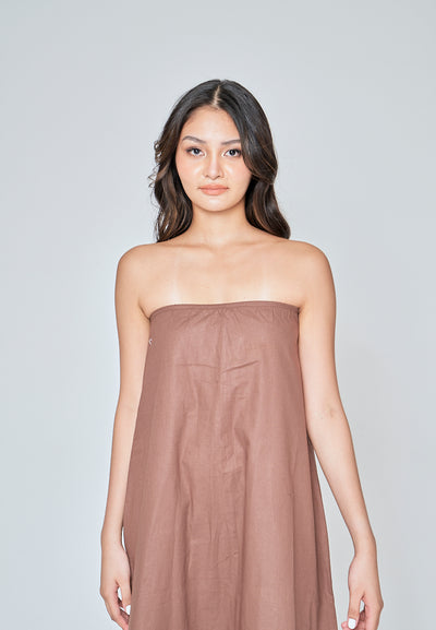 Muska Brown Linen Elastic Neckline Tent Tube Midi Dress