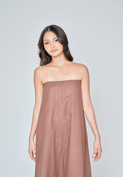 Muska Brown Linen Elastic Neckline Tent Tube Midi Dress