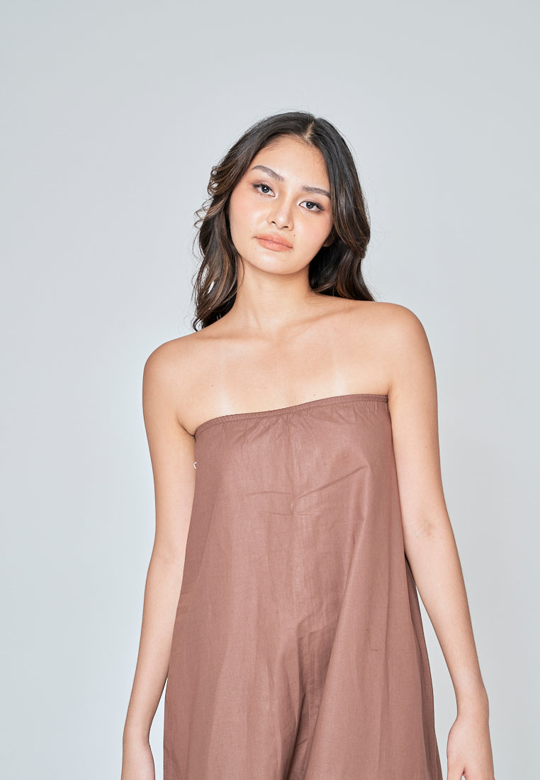 Muska Brown Linen Elastic Neckline Tent Tube Midi Dress