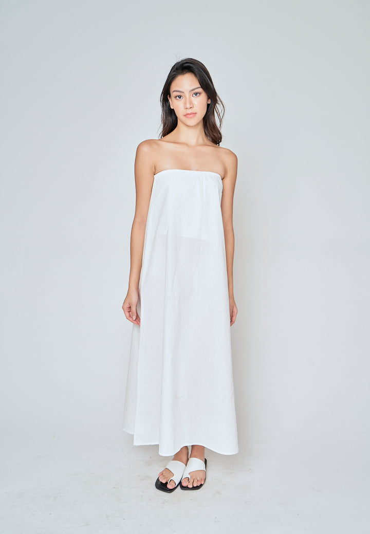 Muska White Linen Elastic Neckline Tent Tube Midi Dress