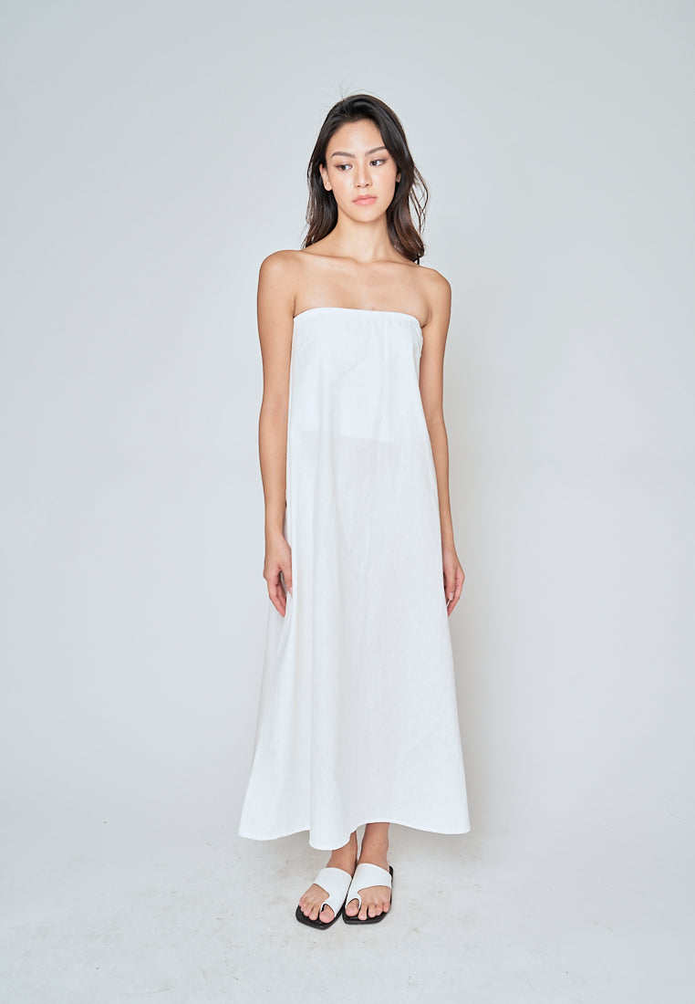 Muska White Linen Elastic Neckline Tent Tube Midi Dress