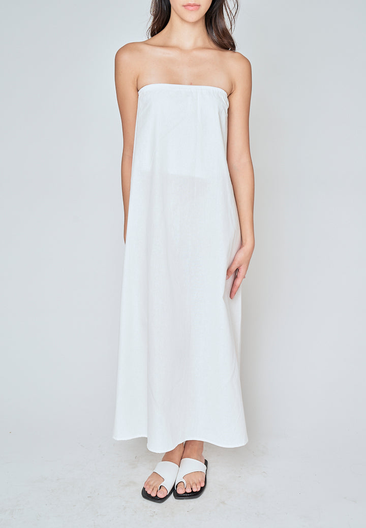 Muska White Linen Elastic Neckline Tent Tube Midi Dress