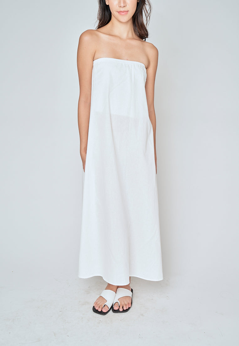 Muska White Linen Elastic Neckline Tent Tube Midi Dress