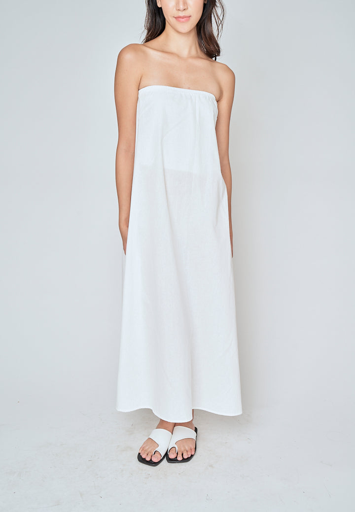 Muska White Linen Elastic Neckline Tent Tube Midi Dress