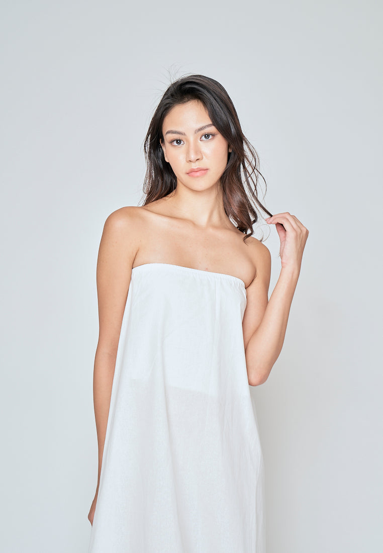 Muska White Linen Elastic Neckline Tent Tube Midi Dress