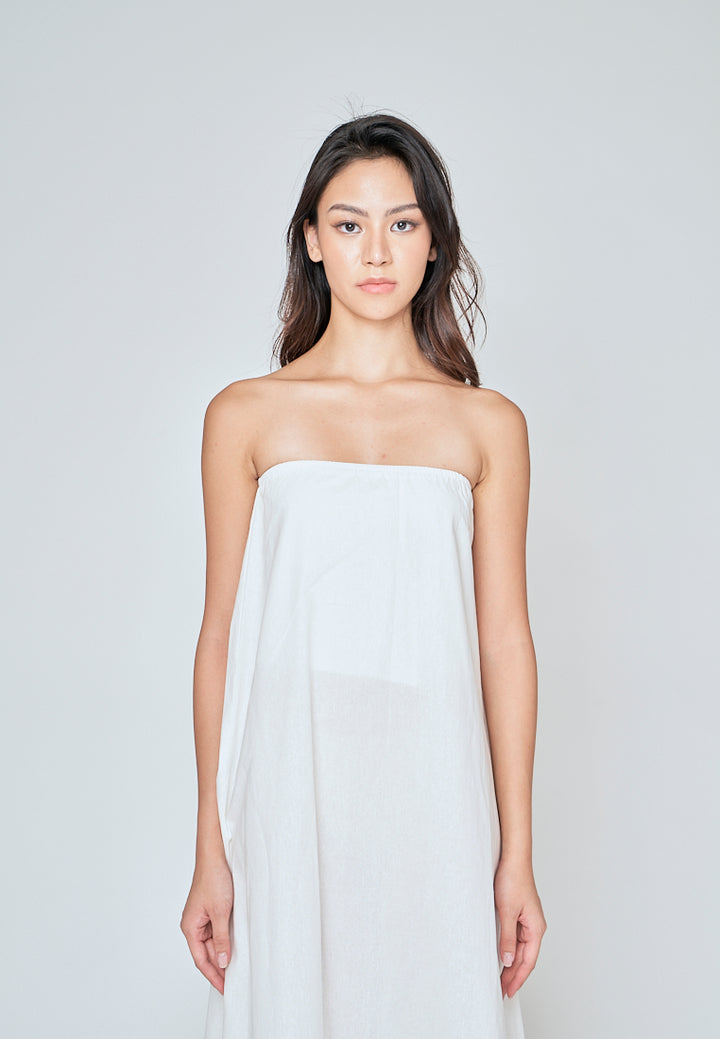 Muska White Linen Elastic Neckline Tent Tube Midi Dress