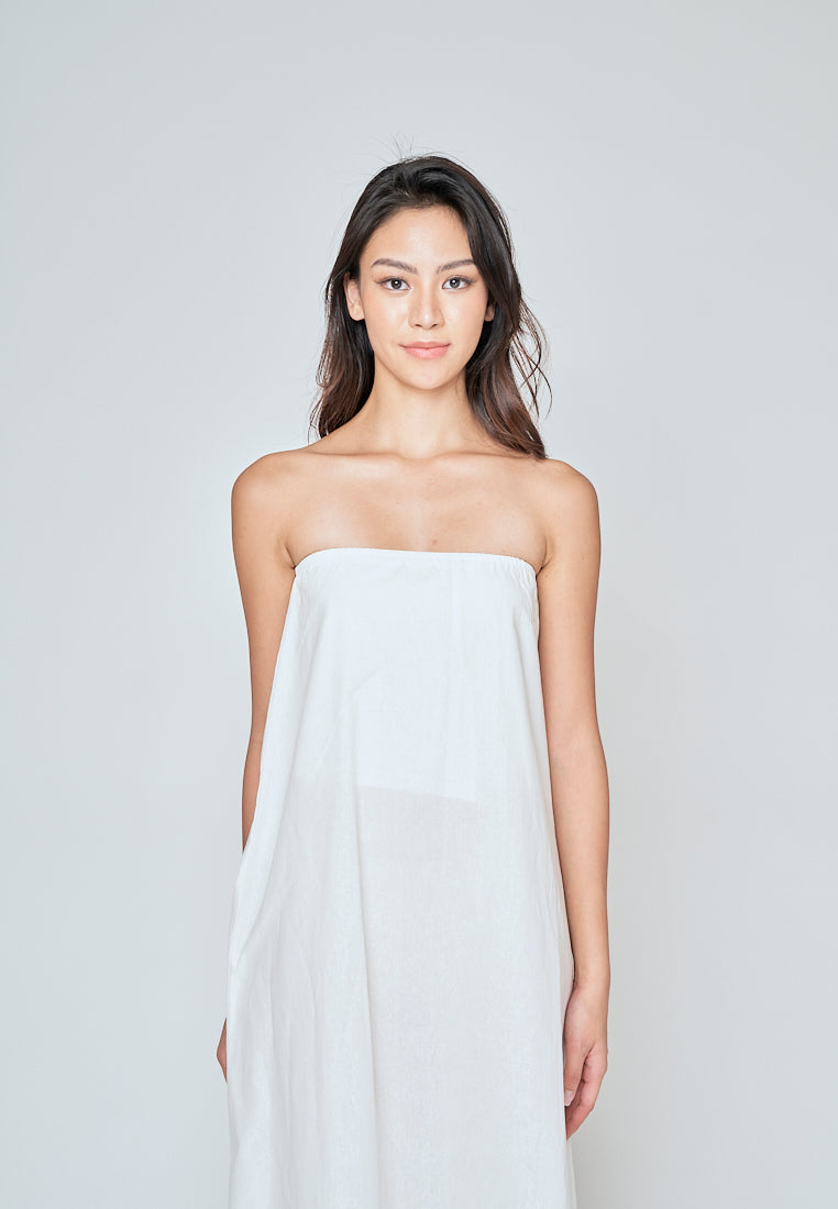 Muska White Linen Elastic Neckline Tent Tube Midi Dress