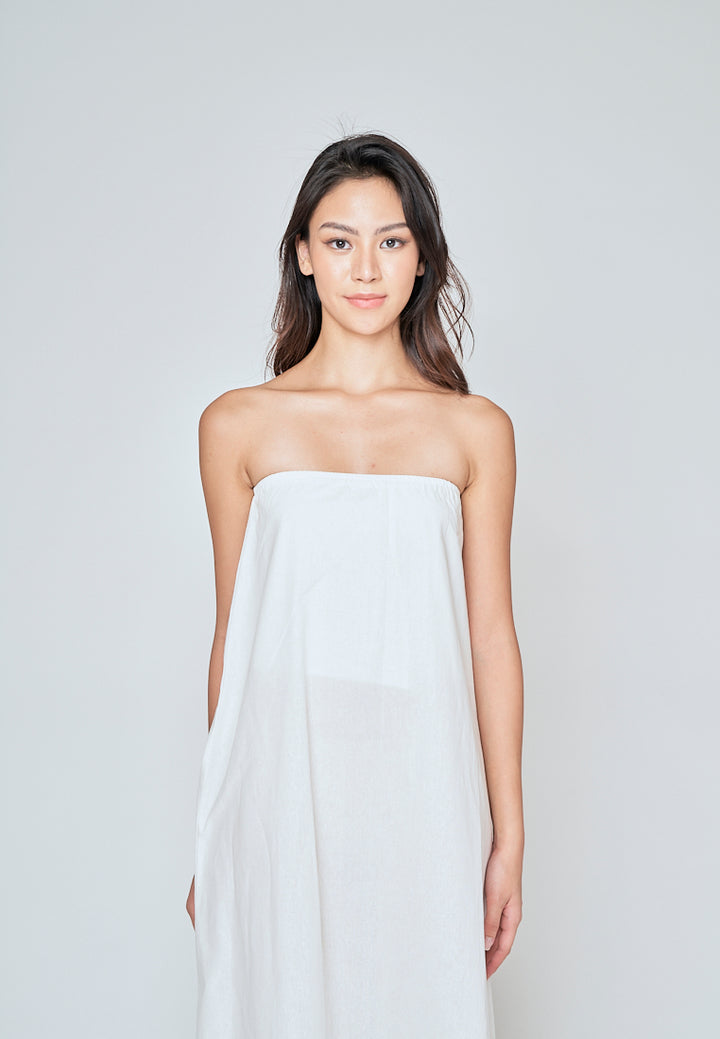 Muska White Linen Elastic Neckline Tent Tube Midi Dress