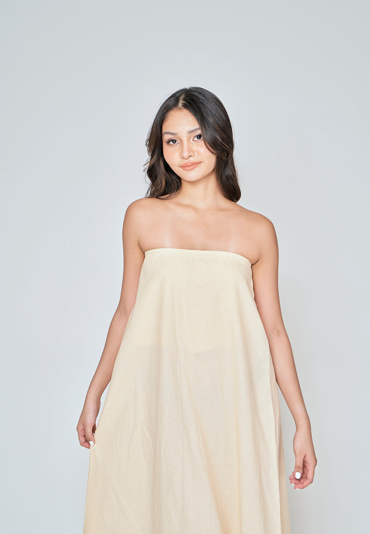 Muska Beige Linen Elastic Neckline Tent Tube Midi Dress