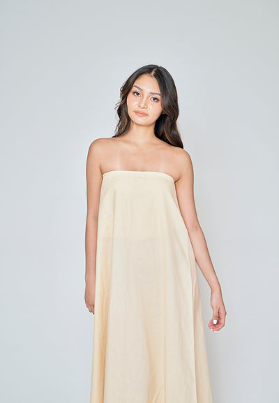 Muska Beige Linen Elastic Neckline Tent Tube Midi Dress