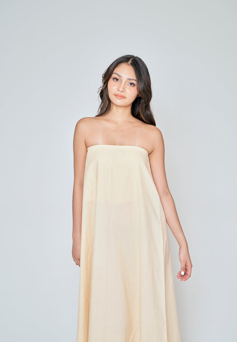 Muska Beige Linen Elastic Neckline Tent Tube Midi Dress