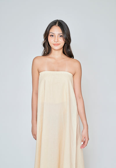 Muska Beige Linen Elastic Neckline Tent Tube Midi Dress