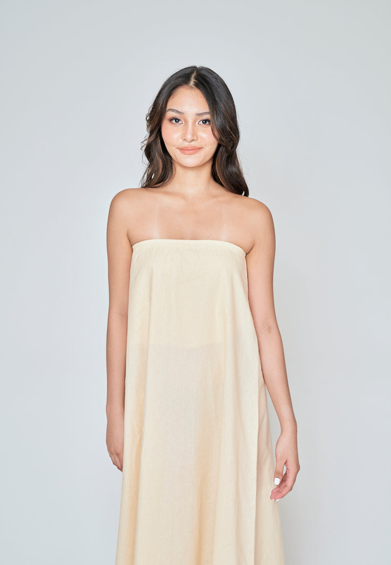Muska Beige Linen Elastic Neckline Tent Tube Midi Dress