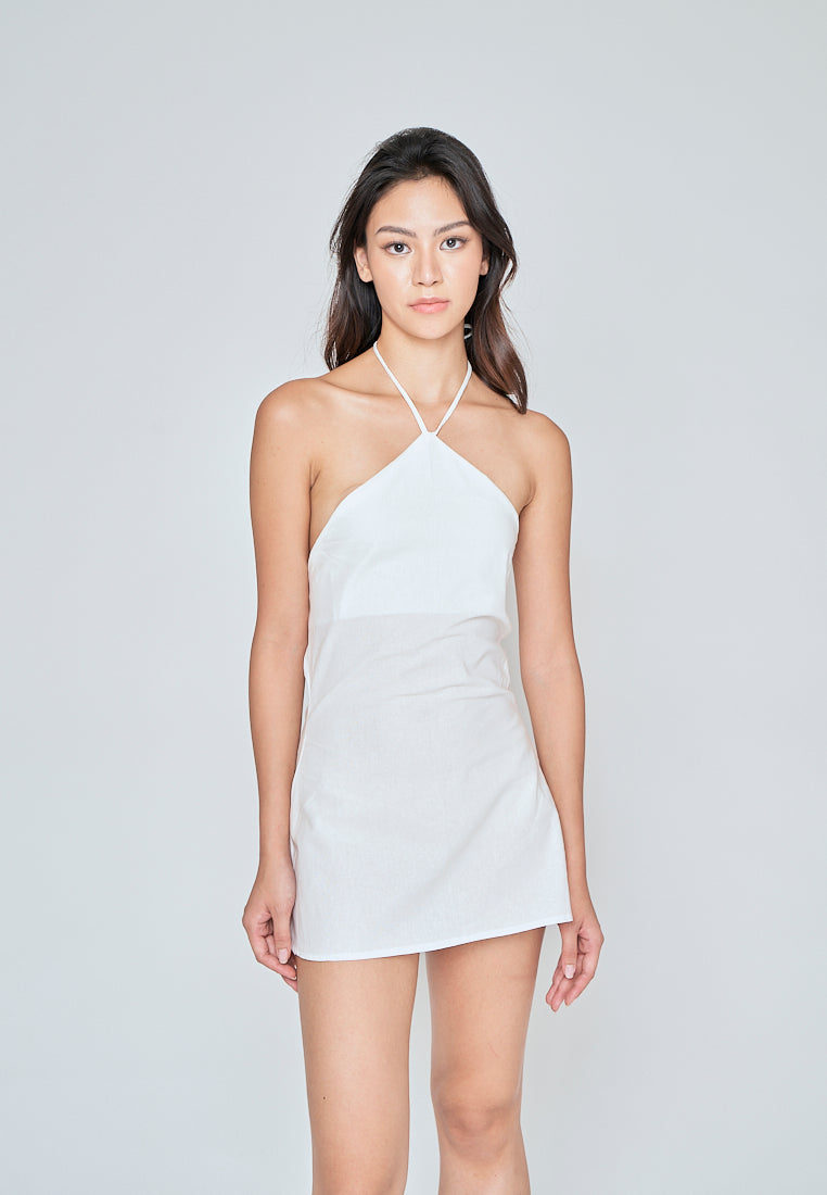 Nausicaa White Linen Sleeveless Halter Strap Zipper Open Back Mini Dress
