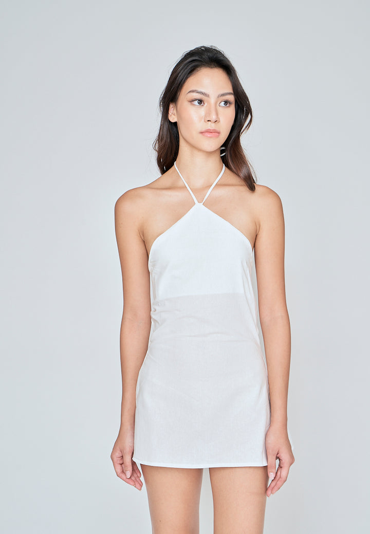 Nausicaa White Linen Sleeveless Halter Strap Zipper Open Back Mini Dress