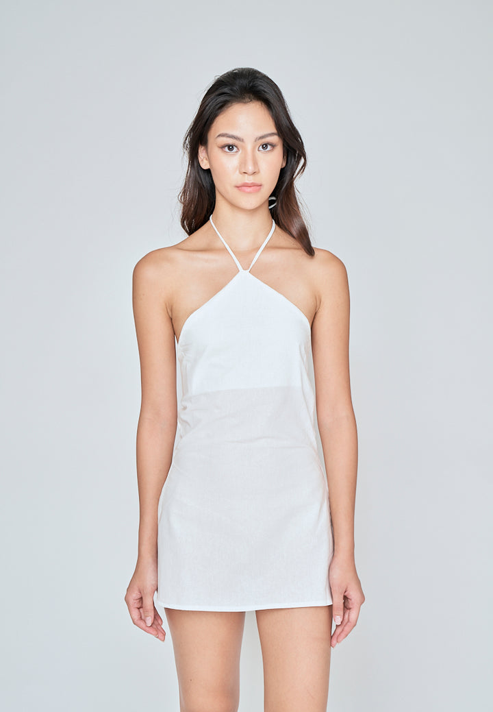 Nausicaa White Linen Sleeveless Halter Strap Zipper Open Back Mini Dress